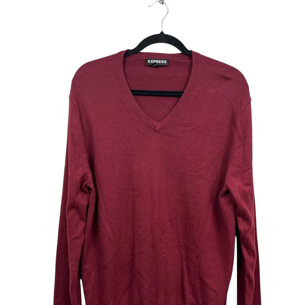 Express Mens Cashmere Blend Knit Sweater V Neck Ribbed Hem Red Burgundy Size L*